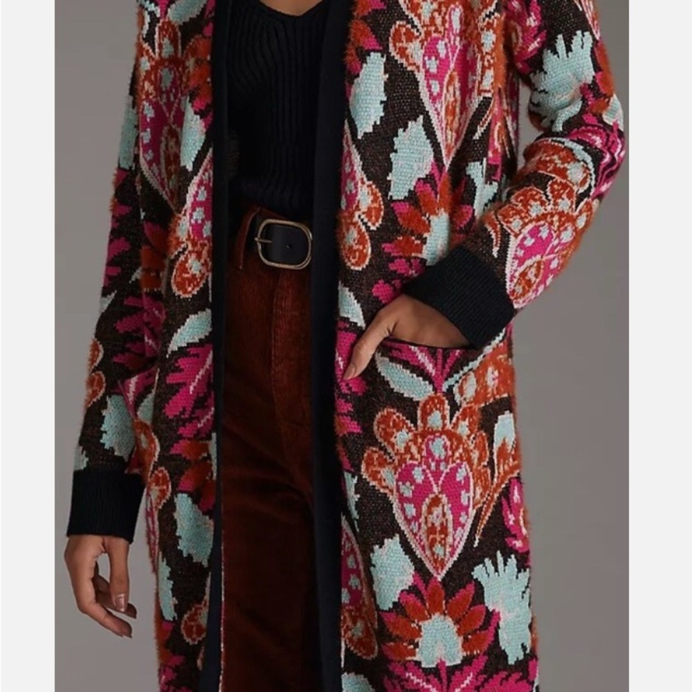 Anthropologie Patterned Duster Med Black Pink Floral Cardigan Sweater Coat - Picture 3 of 6